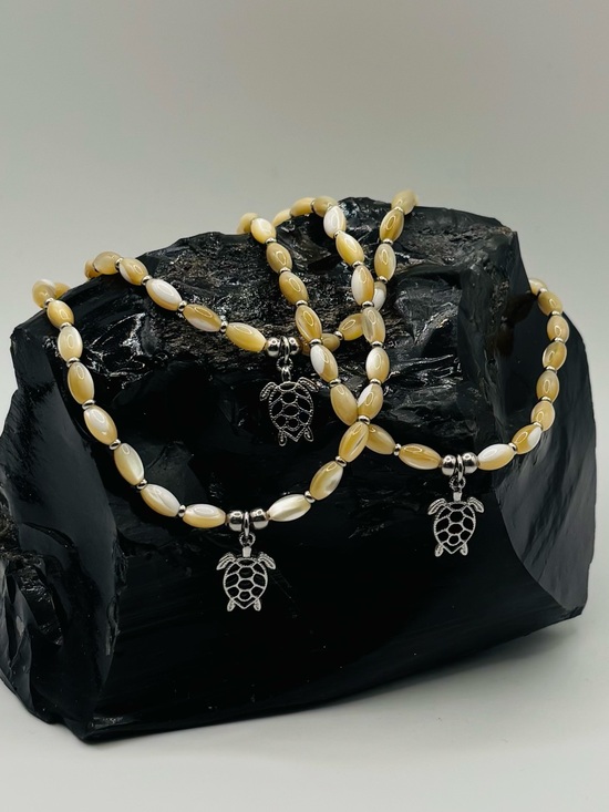 Jewelry - *Anklet* S. Steel Silver Sea Turtle with Natural Shell Stretchy Ankle Bracelet